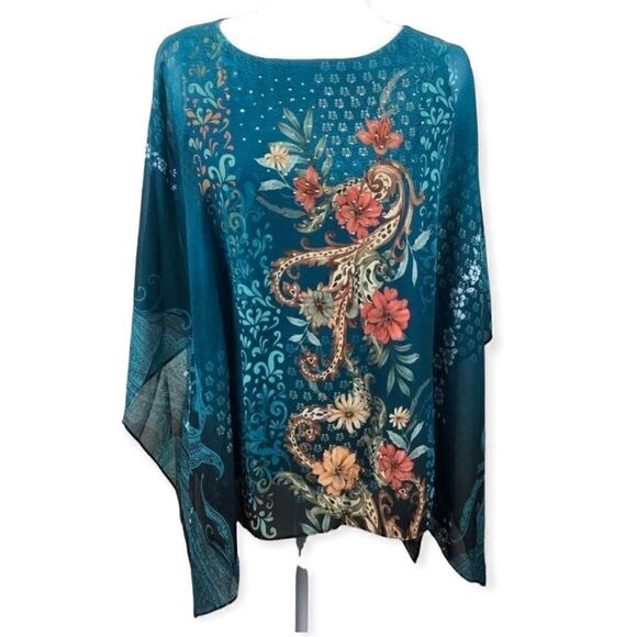 JM Collection XS NWT Turquoise Floral Lagenlook Relaxed Fit Flowy BOHO Blouse - Picture 1 of 6